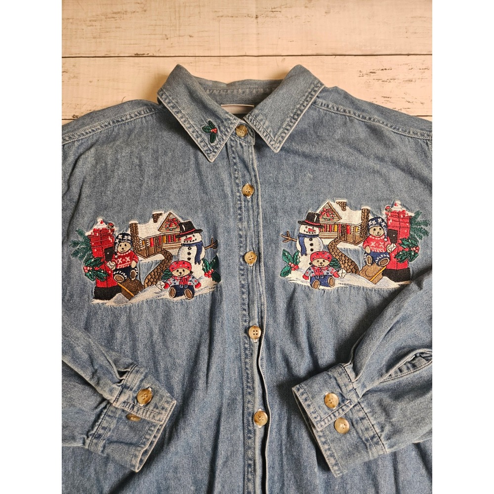 Bobbie Brooks Woman Denim Shirt 18W/20W Snowman Bear Holiday Embroidered